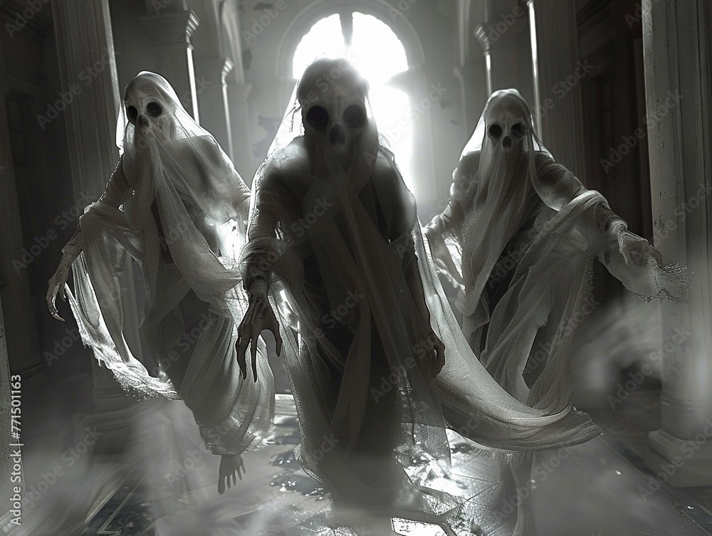 Tormented Asylum Spirits  Wraith-like apparitions with hollow eyes and tattered clothing, their ethereal forms flickering and phasing as they seek vengeance upon the living