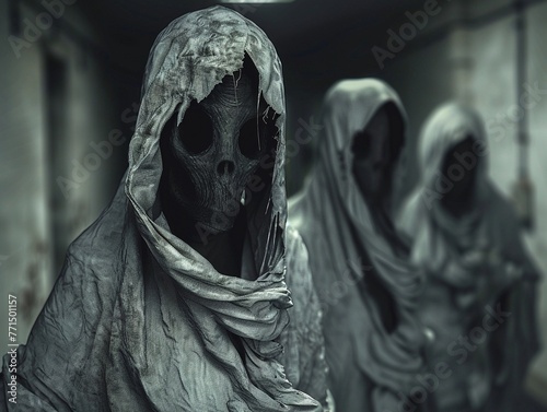 Tormented Asylum Spirits  Wraith-like apparitions with hollow eyes and tattered clothing, their ethereal forms flickering and phasing as they seek vengeance upon the living photo