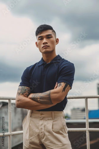 A man stands with his arms crossed, confidently posing for a camera © pham