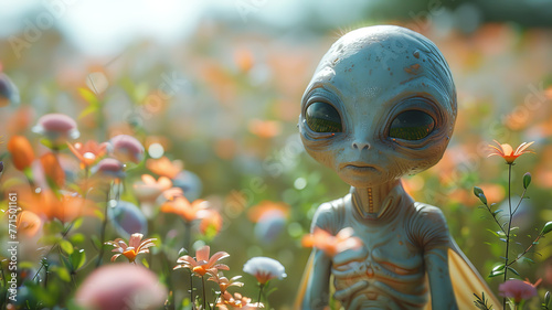 Hand-drawn, friendly alien encounter, pastel spaceship garden