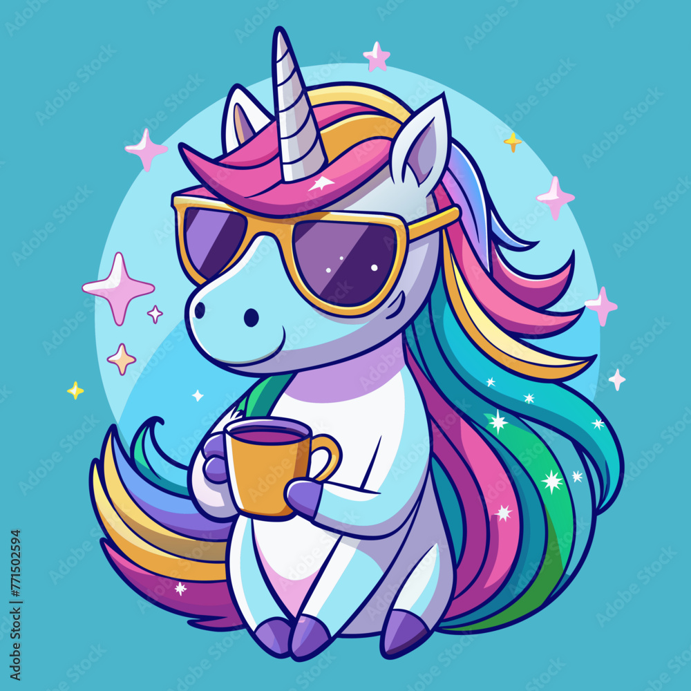 Design a whimsical unicorn sticker for a t-shirt, showcasing the mythical creature wearing sunglasses and sipping a cup of coffee, with a caption that reads, 