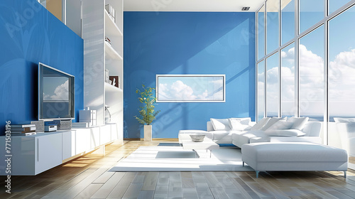 Modern living room with blue walls and white furniture, bright light © Kien
