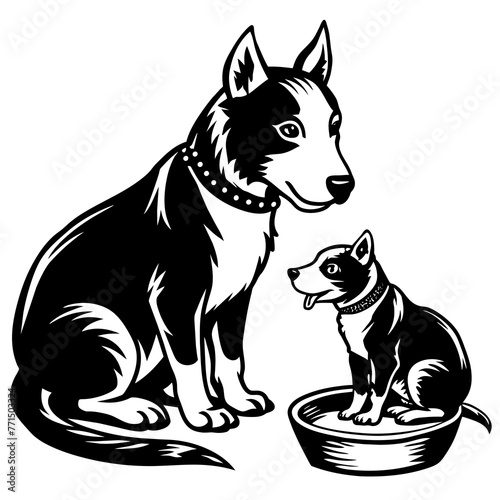 a baby dog and heh mother eating