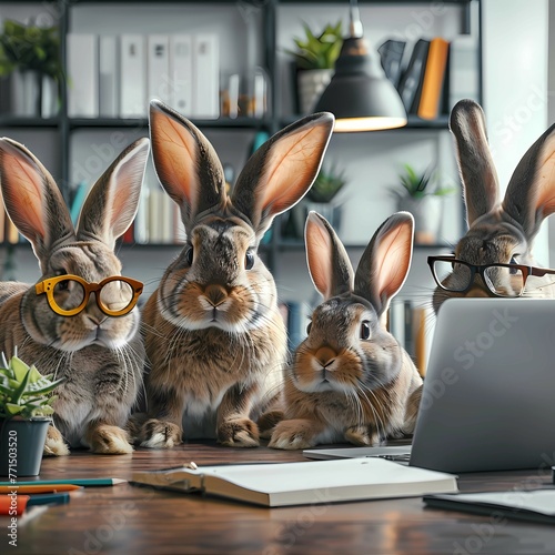 Smart Bunnies with Glasses in Office Environment