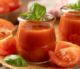 Tomato juice with basil leaves and sliced tomatoes