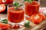 Tomato juice with basil leaves and sliced tomatoes