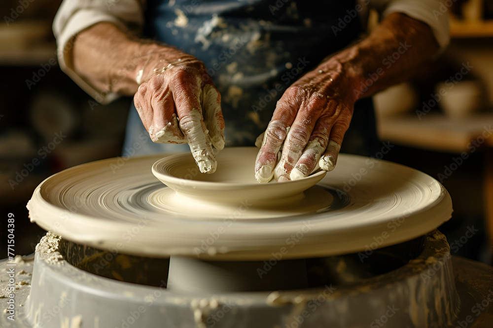 Hands of old potter make ceramic product on potter's wheel from clay. Handcraft, DIY, close up. AI Generative Hands of old potter make ceramic product on potter's wheel from clay. Handcraft, DIY, close up. AI Generative