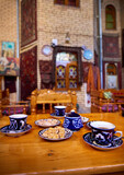 Traditional Uzbek tea with sweets in coffee house at Bukhara