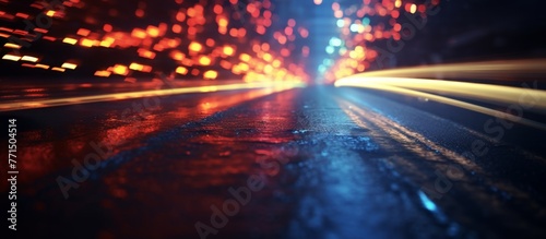 A car with automotive lighting driving along a wet asphalt road under an electric blue sky, with blurry clouds and the reflection of street lights on the water surface photo