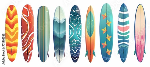 Surfboards lined up in a row, sitting next to each other on the beach. Each board is of different color and design, ready for surfers to grab and hit the waves