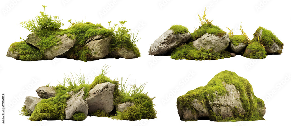 Fototapeta premium Set of moss-covered rocks in natural settings, cut out
