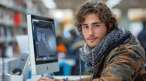 Handsome young man with curly hair working on a computer in a modern library setting.
