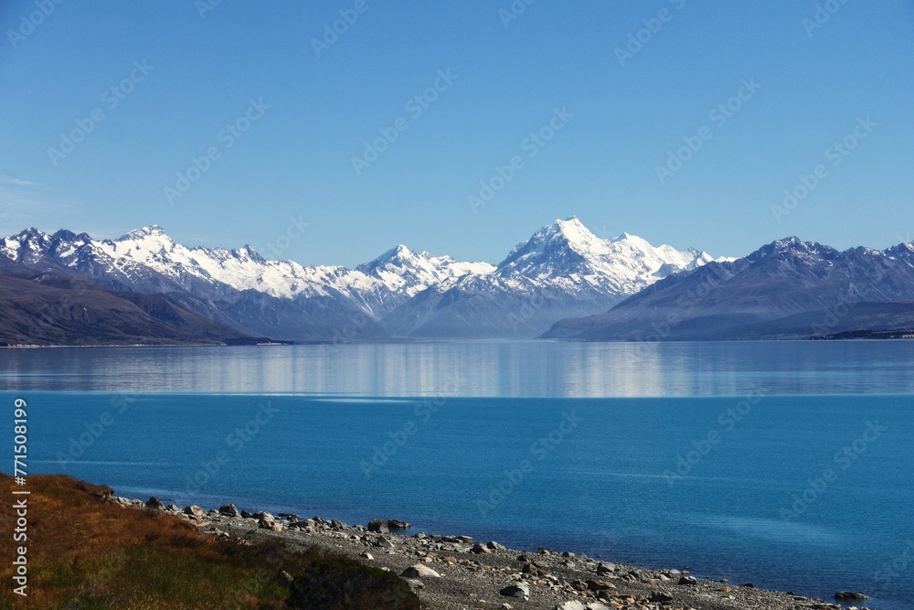 Scenic view of Lake Pukaki and Mount Cook in New Zealand.