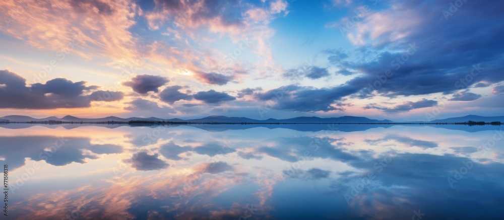 As the sun sets over the lake, the clouds are beautifully reflected in the calm waters creating a mesmerizing natural landscape with azure sky and cumulus clouds during dusk