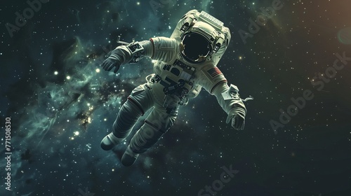 3D rendering of an astronaut floating in boundless outer space.