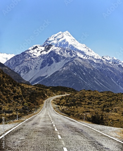 Beautiful country road in New Zealand, lined with lush trees, with Mount Cook in the background