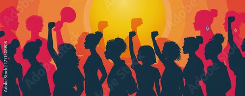 Silhouetted individuals stand united with raised fists as a symbol of solidarity and strength against a backdrop of a fiery sunset