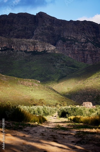 Closeup of majestic Drakenstein mountains in Wellington South Africa on a sunny day photo