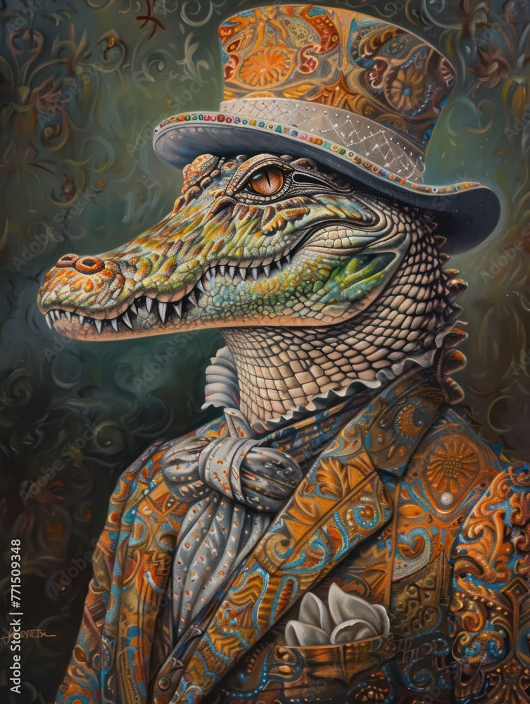 A sophisticated crocodile dressed in an elaborate suit and top hat poses with human-like swagger and elegance Intricate patterns and textures create a captivating piece