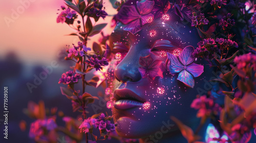 A womans face merges with vibrant flowers and butterflies, illuminated by a soft, mystical twilight glow