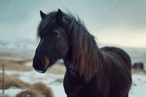 Beautiful black horse portrait in winter landscape, Iceland, Europe.