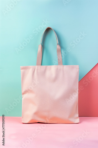 Pink bag on pink and blue background. Minimal style.
