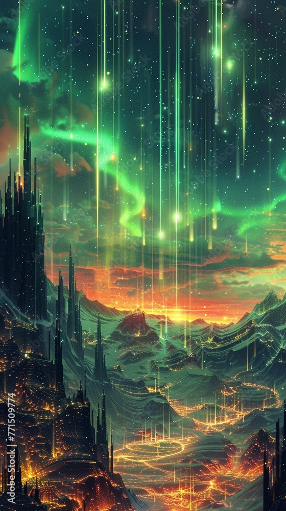 A pixelated aurora over a digital landscape, depicting the new perspective in tech A pixelated aurora over a digital landscape, depicting the new perspective in tech
