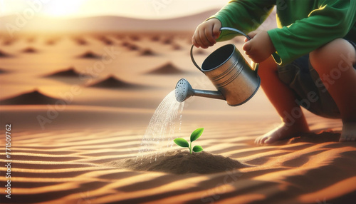 砂漠で生える新しい植物に水をあげる子供