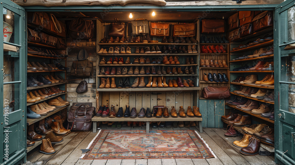 Vintage shoe store interior with wooden shelves filled with various leather shoes and a cozy, rustic ambiance.