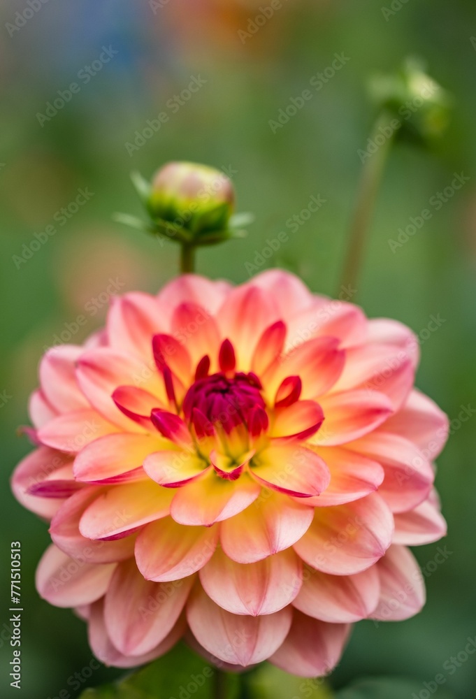 Fototapeta premium Vibrant orange Dahlia pinnata flower blooming surrounded by a backdrop of lush foliage