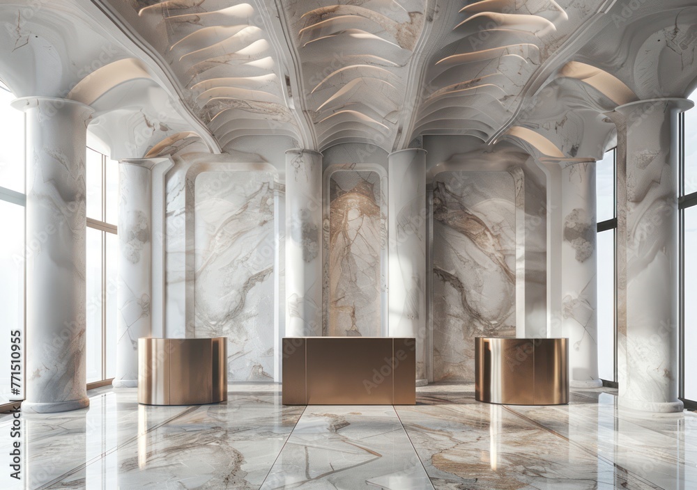 An elegant and modern lobby interior showcasing the beauty and luxuriousness of white marble with gold accents and soaring pillars Perfect for high-end establishments