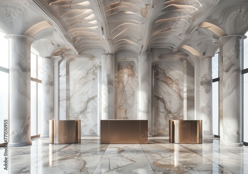 An elegant and modern lobby interior showcasing the beauty and luxuriousness of white marble with gold accents and soaring pillars Perfect for high-end establishments