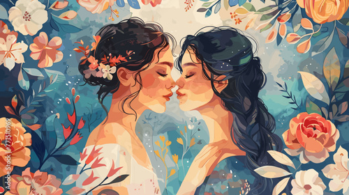 Watercolor painting illustrations  moment between two women sharing a kiss and backdrop adorned with intricate flowers