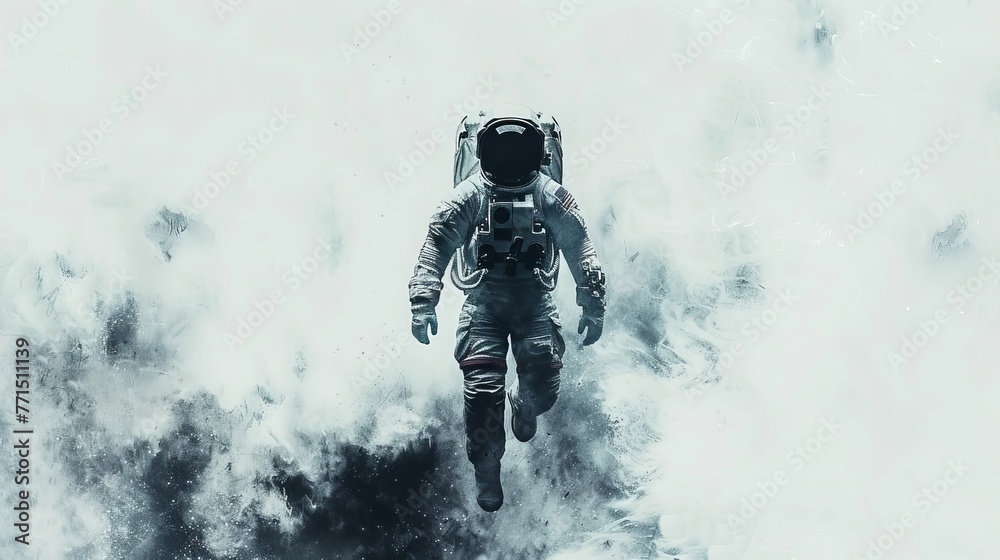 A lone astronaut floats through the vastness of space in an image with a white background. This is a popular design for science fiction comic book covers. A lone astronaut floats through the vastness of space in an image with a white background. This is a popular design for science fiction comic book covers.