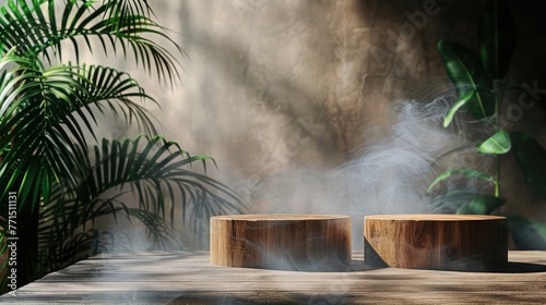 Empty wooden cylinder display stand Podium for displaying or designing a blank backdrop with flowers and green palm leaves. Abstract wall with smoke rising up