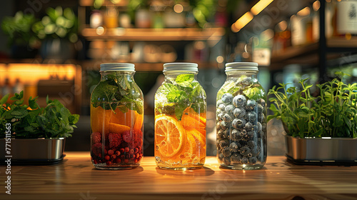 Refreshment station at Fresh fruit and herbs in three jars on a rustic wooden table