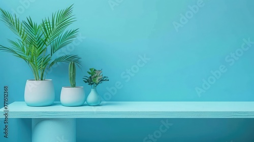 Empty blue color shelf table background, product display with copy space for display of content design banner for advertising product on the website.