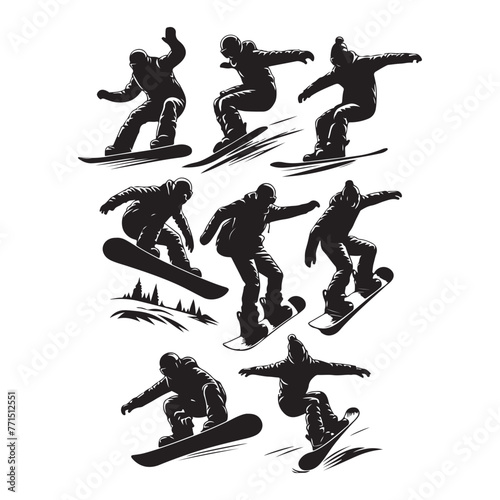 Silhouette set of snowboard riders
