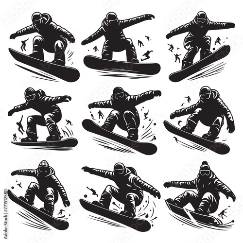 Silhouette set of snowboard riders