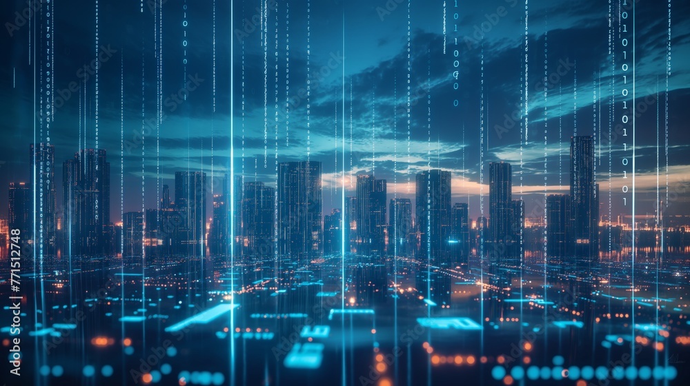 A futuristic smart city skyline illuminated by digital binary code, symbolizing data and connectivity.