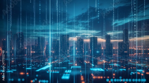 A futuristic smart city skyline illuminated by digital binary code, symbolizing data and connectivity.