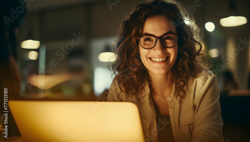 Happy Woman Watching Online Course in Office, Blurred Background Showing Working Colleagues