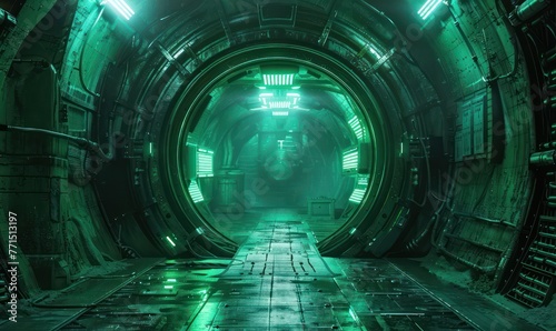 Fototapeta Naklejka Na Ścianę i Meble -  Futuristic tunnel in space inside a metal capsule, evoking technology and mystery