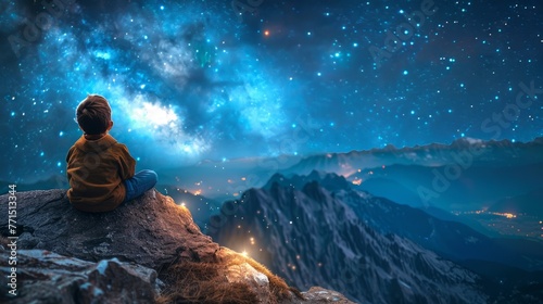 Person Sitting on Mountain, Stargazing © Karlaage