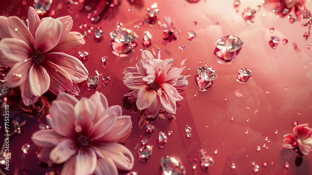 A serene depiction of vibrant flowers surrounded by scattered crystals on a red backdrop, evoking beauty and tranquility