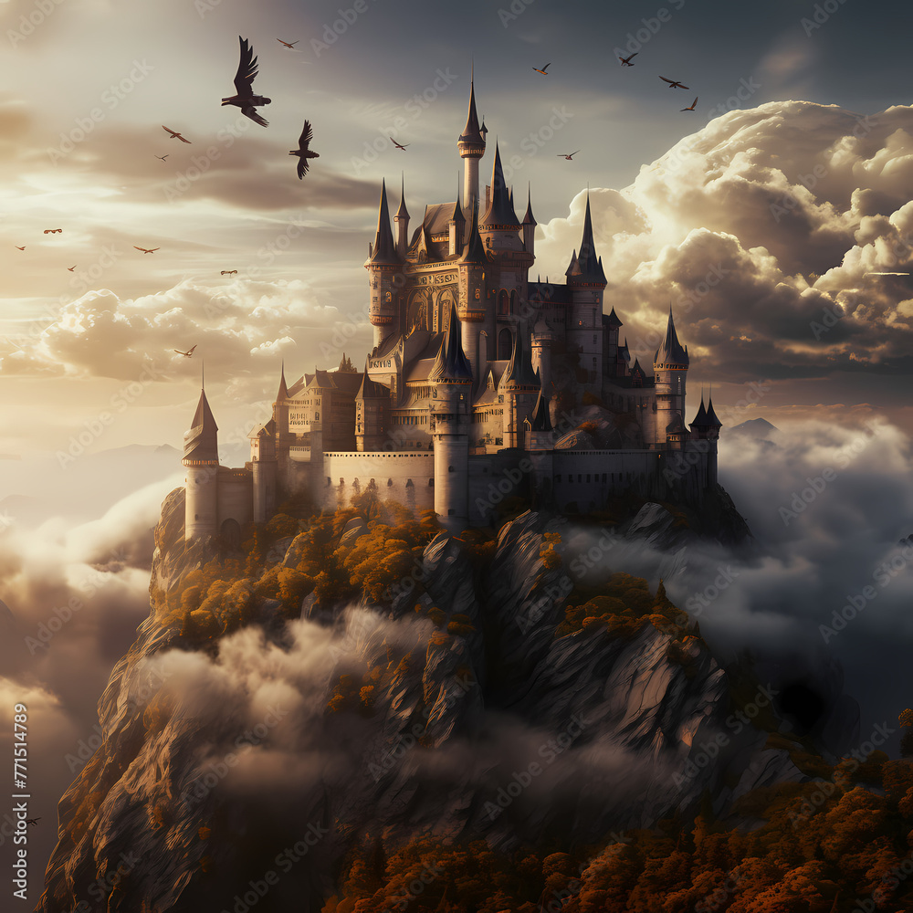 A fantasy castle on a hill with a dragon flying overhead