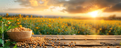 Raw chickpeas grains in bowl on wooden table with chickpeas field at sunset on background. Healthy and natural vegetarian food. Agriculture and harvest concept