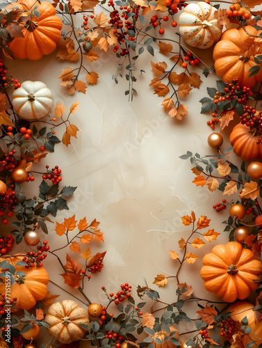 Autumn frame made of pumpkin  leaves  and decorations berries. Mockup. High quality