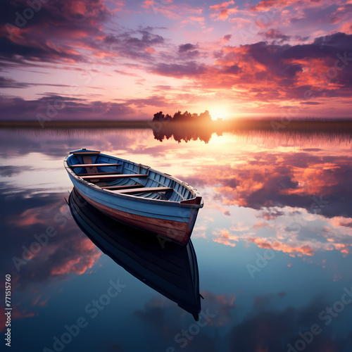 A lone boat sailing on a calm lake with reflections