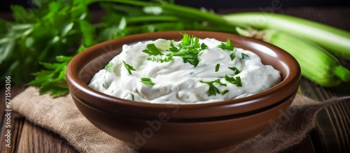 A bowl of ranch dressing with parsley sits on a wooden table, ready to be used as a delicious ingredient in various recipes. The dishware adds a rustic touch to the cuisine